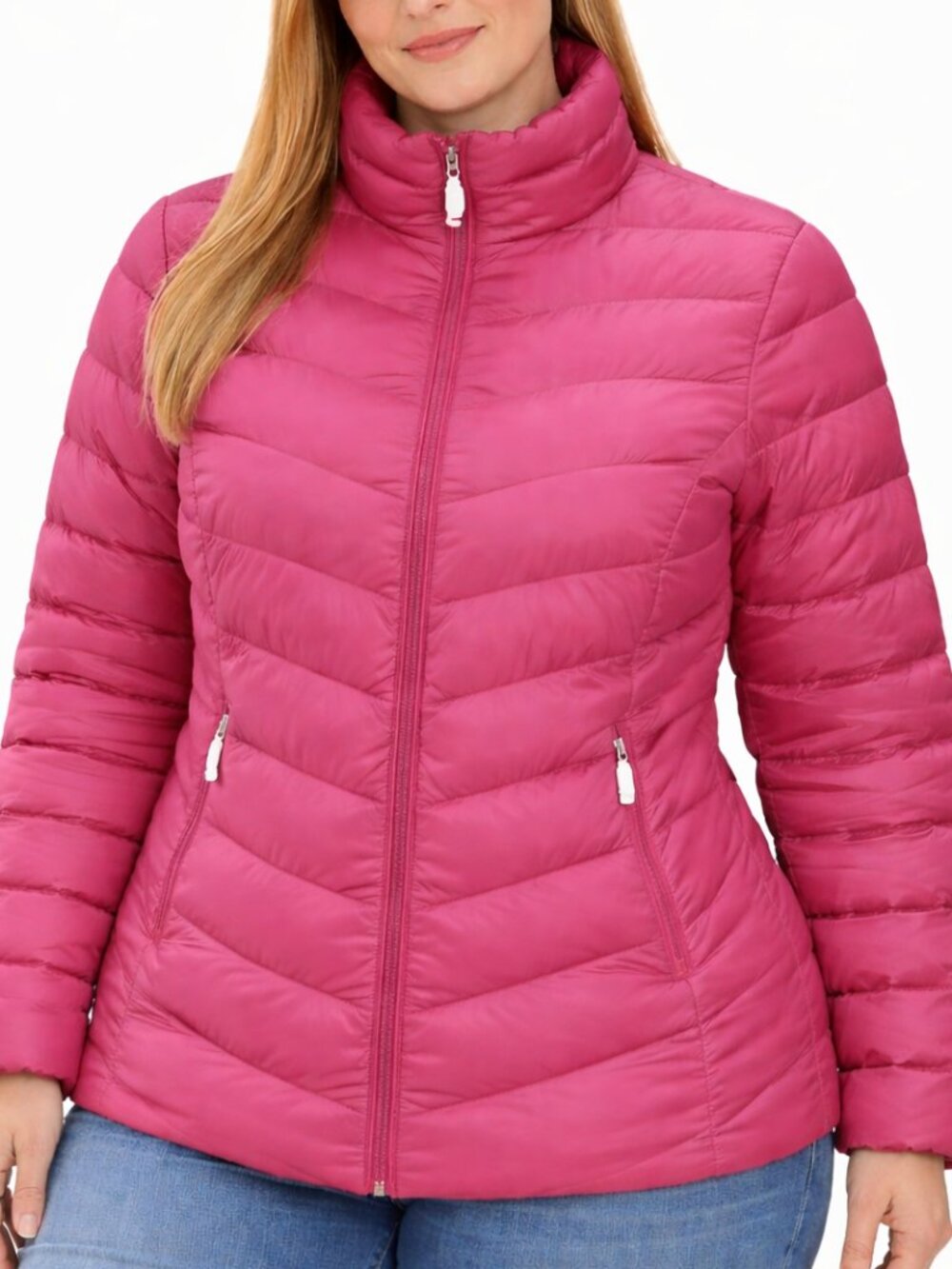 Plus Size 0X Womens Pink Quilted Puffer Jacket Full Zip Lightweight Coat Casual